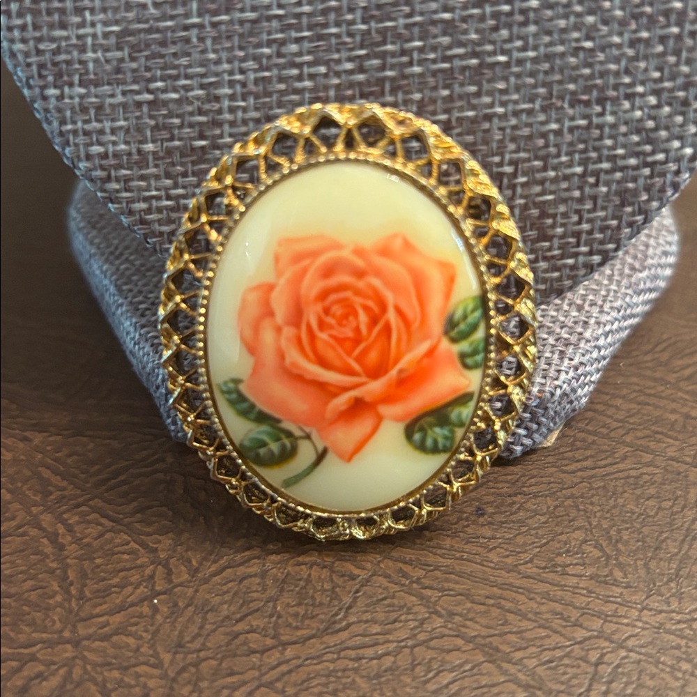 Vintage Gold Brooch with Orange Rose